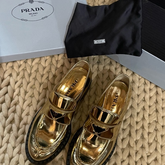 PRADA Triangular Logo Metallic Gold Leather Chocolate Loafers size 39 - Picture 9 of 16
